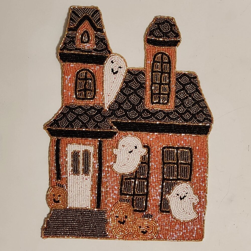 SPOOKY GHOST Rachel Zoe Halloween Beaded Charger Placemat HAUNTED HOUSE